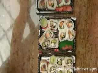 Petite latin chick Melanie Rios playing with sushi and thick hard penis