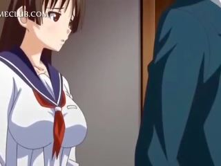 Anime sweetheart in uniform blowing large penis