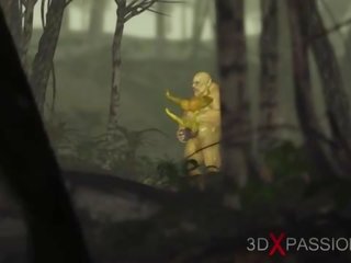 Hijau raksasa ogre mengongkek keras yang bertukar pada perempuan goblin arwen dalam yang enchanted hutan